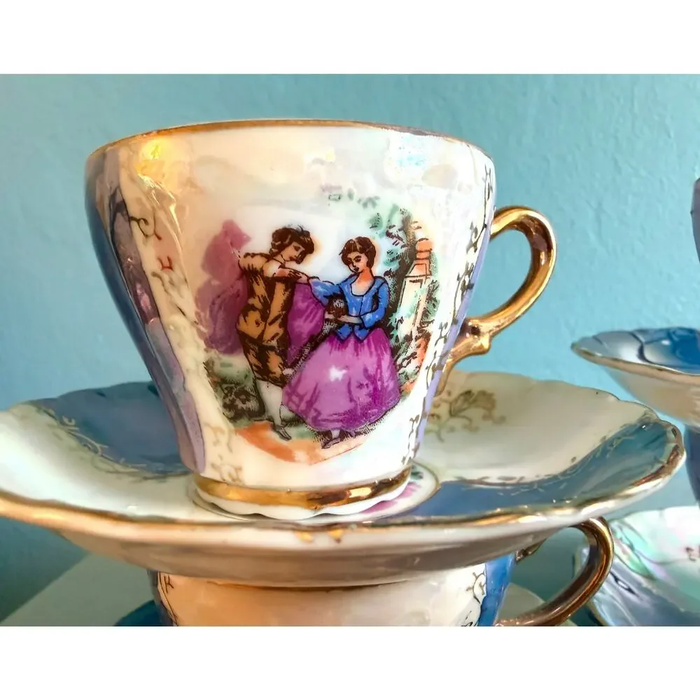 Set 4 Vintage Japan Lusterware Fragonard Demitasse Cups Saucers Purple Gold